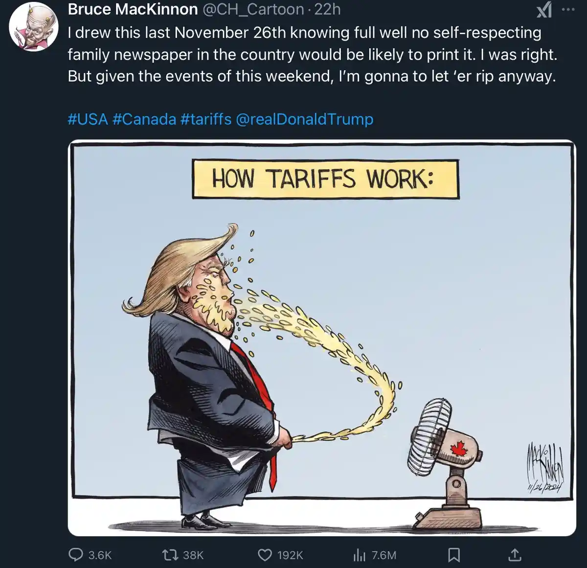 A cartoon depicts a caricature of Donald Trump blowing a stream of yellow coins from his mouth toward a small fan with a…