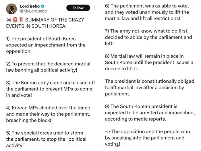 A screenshot of a Twitter post by 'Lord Bebo' summarizing a fictional, absurd sequence of events in South Korea, where MPs…