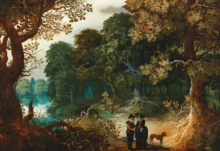 A classical European landscape painting depicts a couple in 17th-century attire standing on a path in a dense, lush forest…