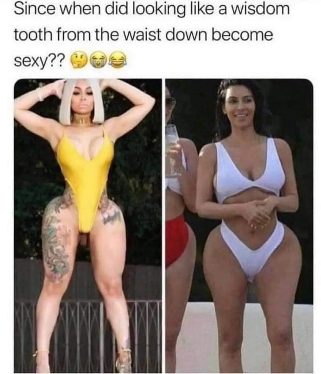 The image shows two side-by-side photos of women in swimsuits, both displaying very large, rounded buttocks. The left photo…