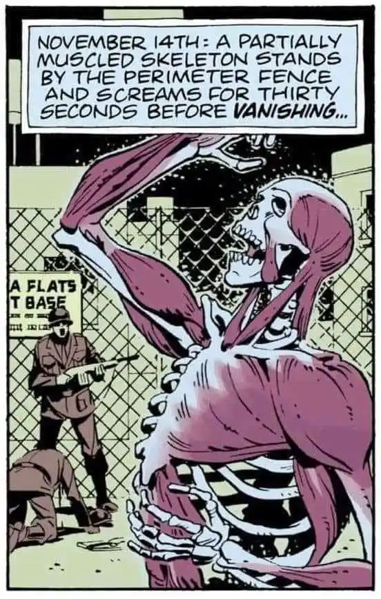 A comic panel shows a partially muscled skeleton screaming near a fence while two soldiers react in shock. One soldier…