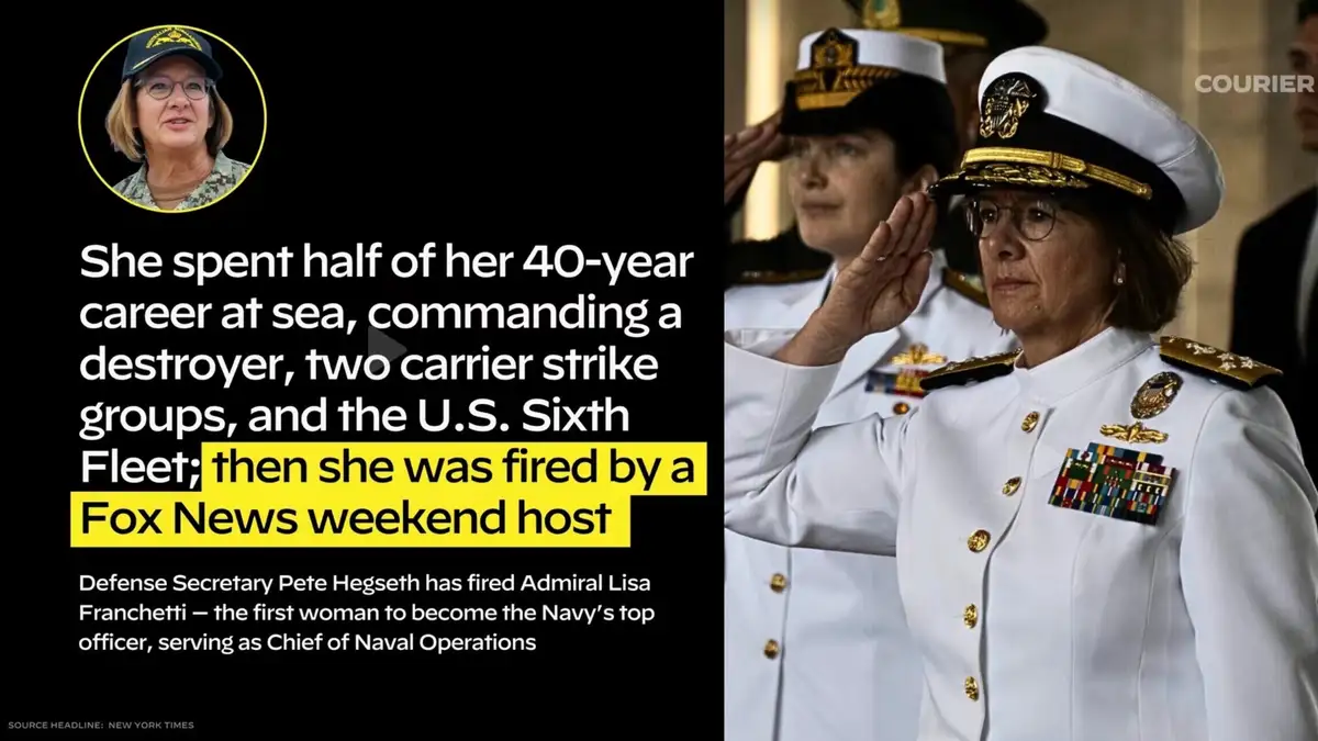 The image shows a woman in a U.S. Navy dress uniform saluting, with a circular portrait of her in a military cap above text…