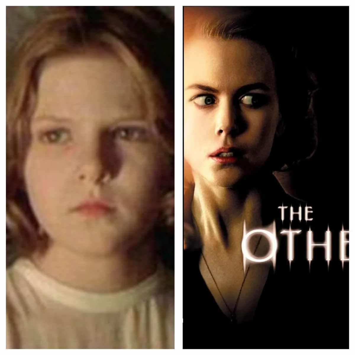 The image is split vertically: the left side shows a blurry close-up of a young girl with a neutral expression, and the…
