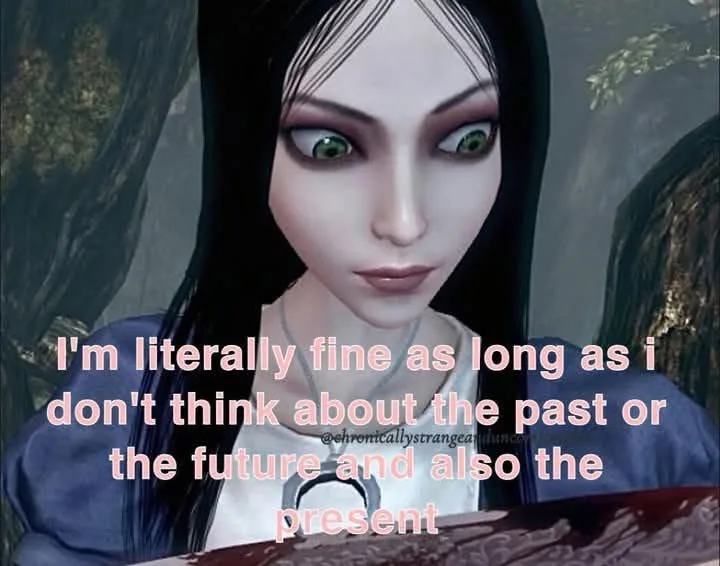 An anime-style female character with pale skin, dark hair, and wide green eyes stares intensely at the viewer. She wears a…