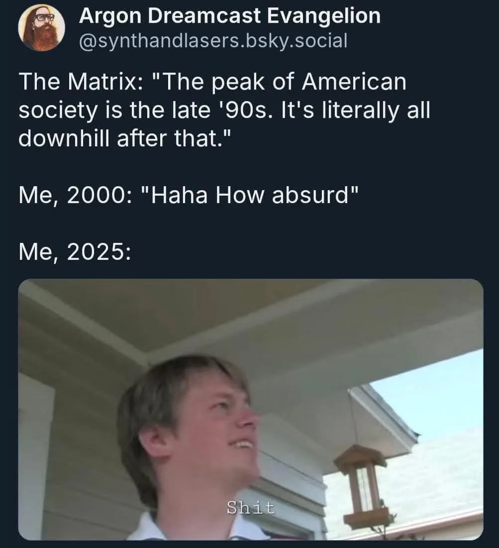 A screenshot of a social media post by 'Argon Dreamcast Evangelion' shows text quoting 'The Matrix' about the 1990s being…