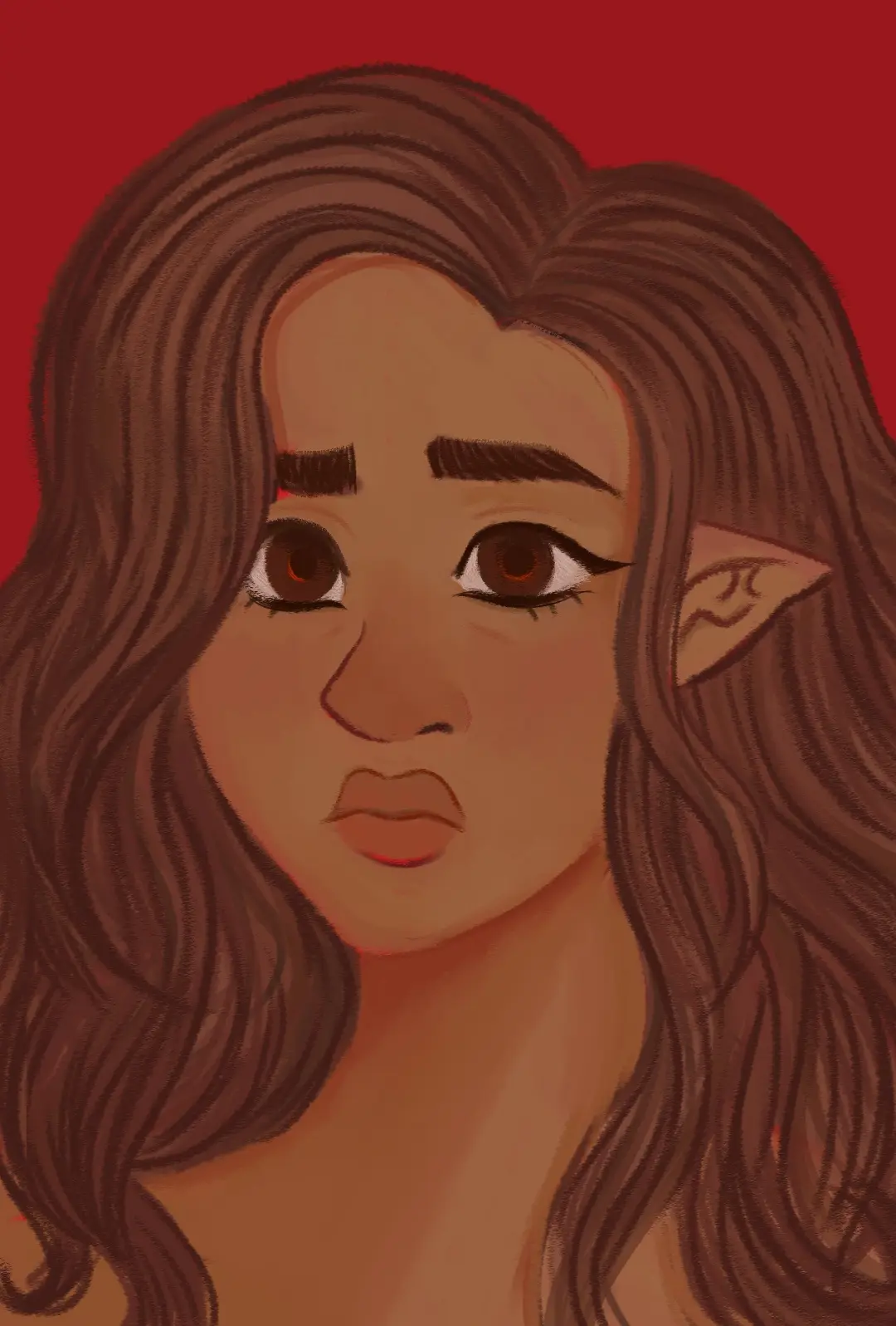 A digital illustration of a female elf with long brown hair and pointed ears, set against a solid red background. She has a…