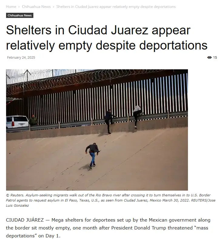 A news article screenshot shows three people climbing or walking along a concrete embankment next to a tall, vertical border…