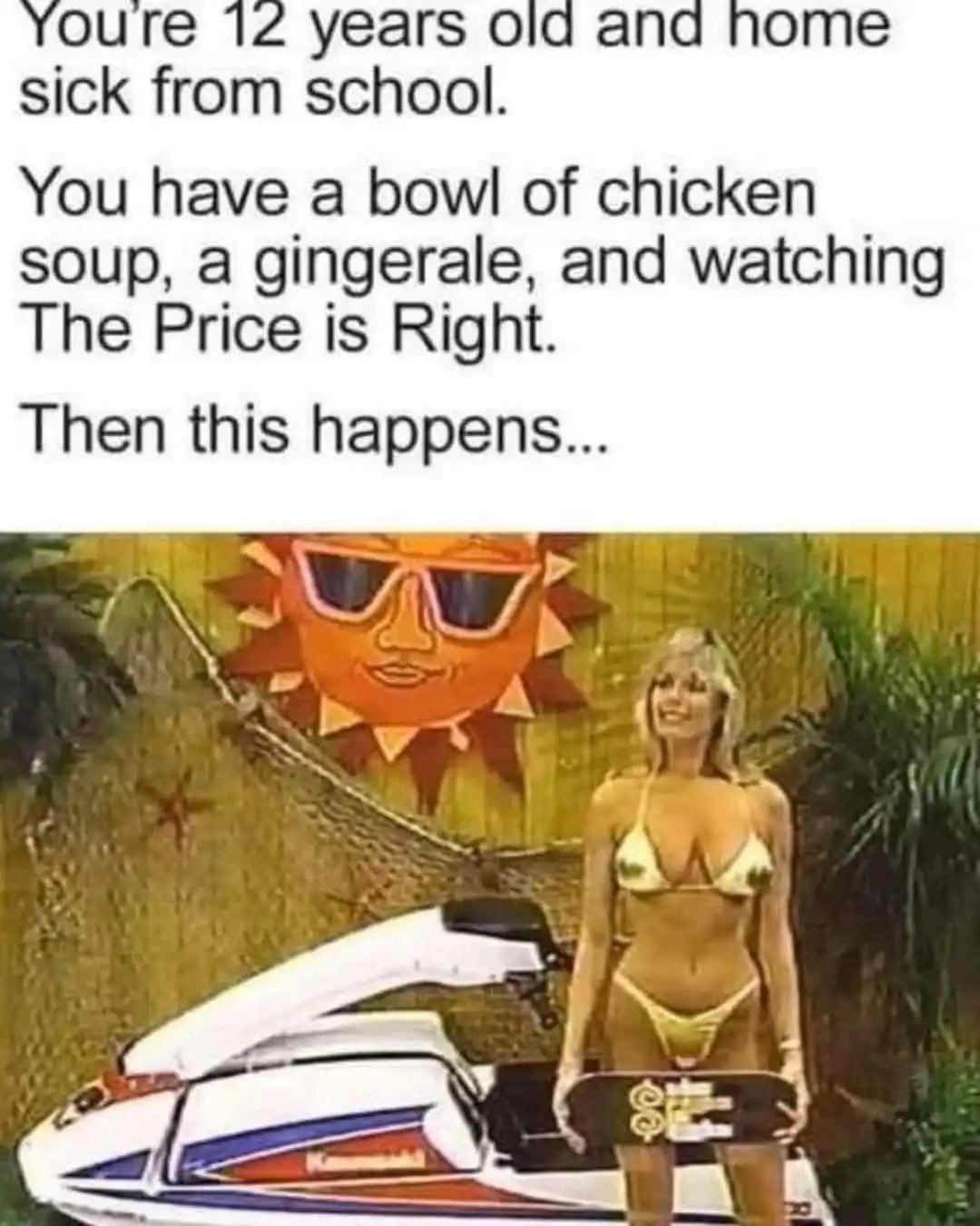 The image shows a woman in a bikini standing next to a jet ski, holding a skateboard with dollar signs on it. Behind her is…