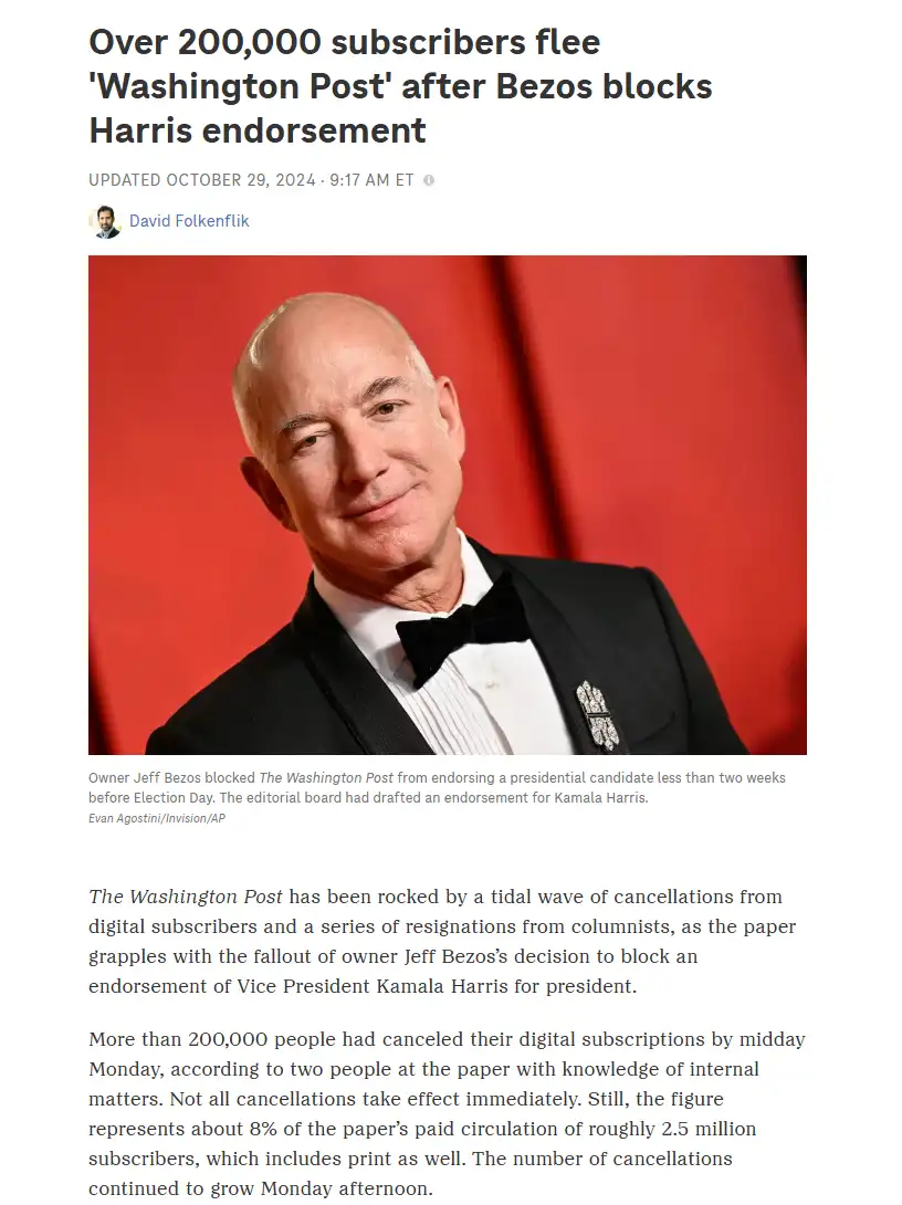 A news article screenshot shows Jeff Bezos in a tuxedo against a red background, with the headline 'Over 200,000 subscribers…