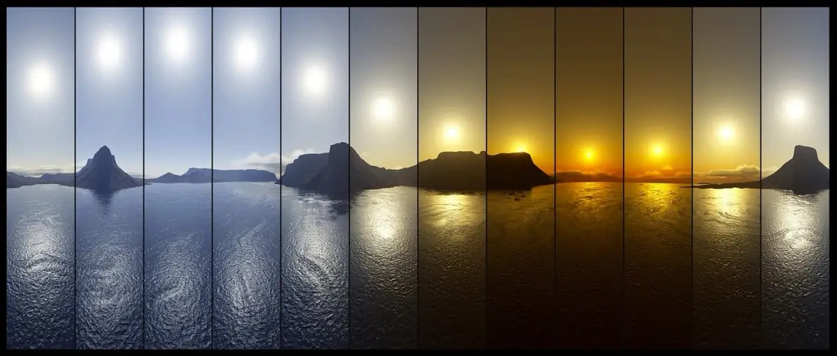 A horizontal sequence of ten vertical panels shows a sunrise or sunset over a body of water and distant mountains…