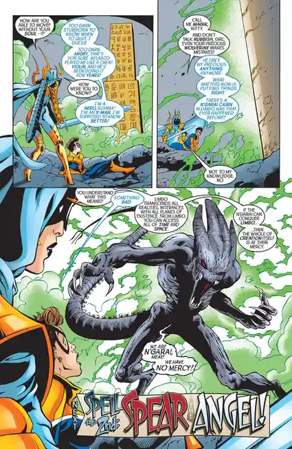 A comic book panel featuring the X-Men characters Magik and Illyana, with Magik standing over a fallen Illyana. A monstrous…