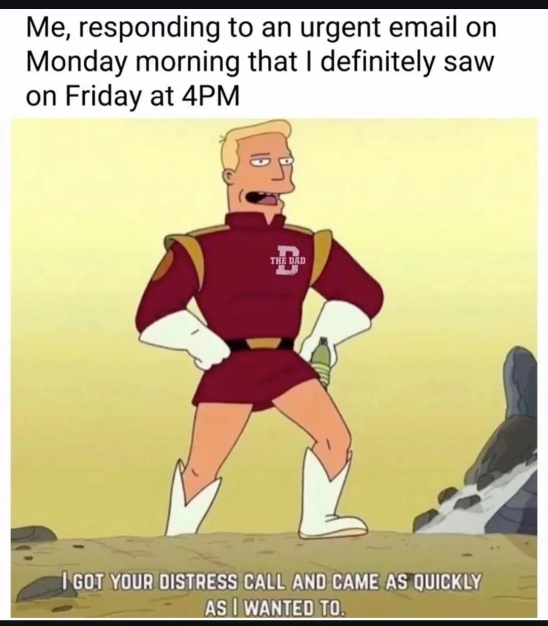 An animated character, 'The Dad' from Futurama, stands confidently in a red superhero costume with white boots and gloves…