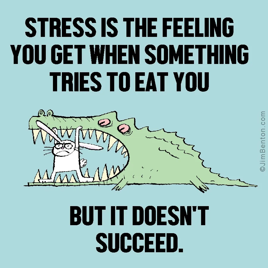 A cartoon rabbit with glasses is stuck inside the open mouth of a green crocodile, looking stressed. The text above reads…