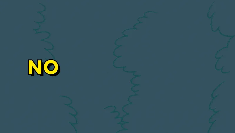 A cartoon boy in a red hoodie peeks through bushes, repeatedly saying 'NO' with increasingly distressed expressions…
