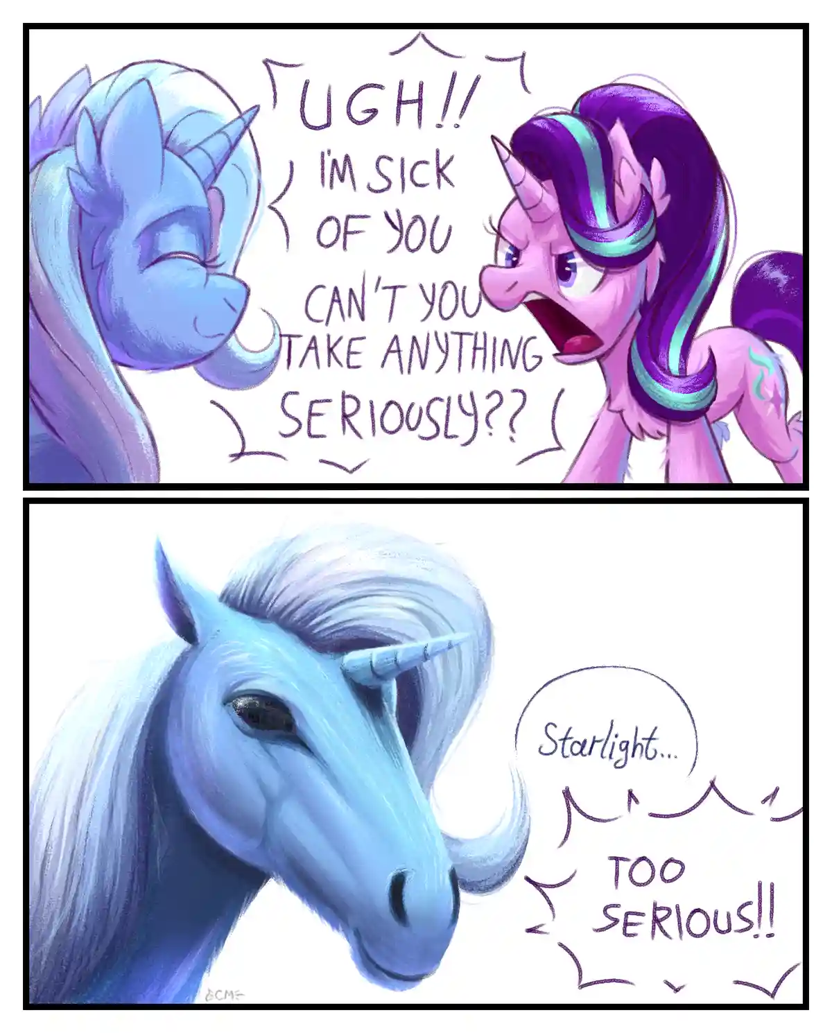 The image is a two-panel comic featuring two cartoon unicorns. In the top panel, a pink unicorn with a purple and teal mane…
