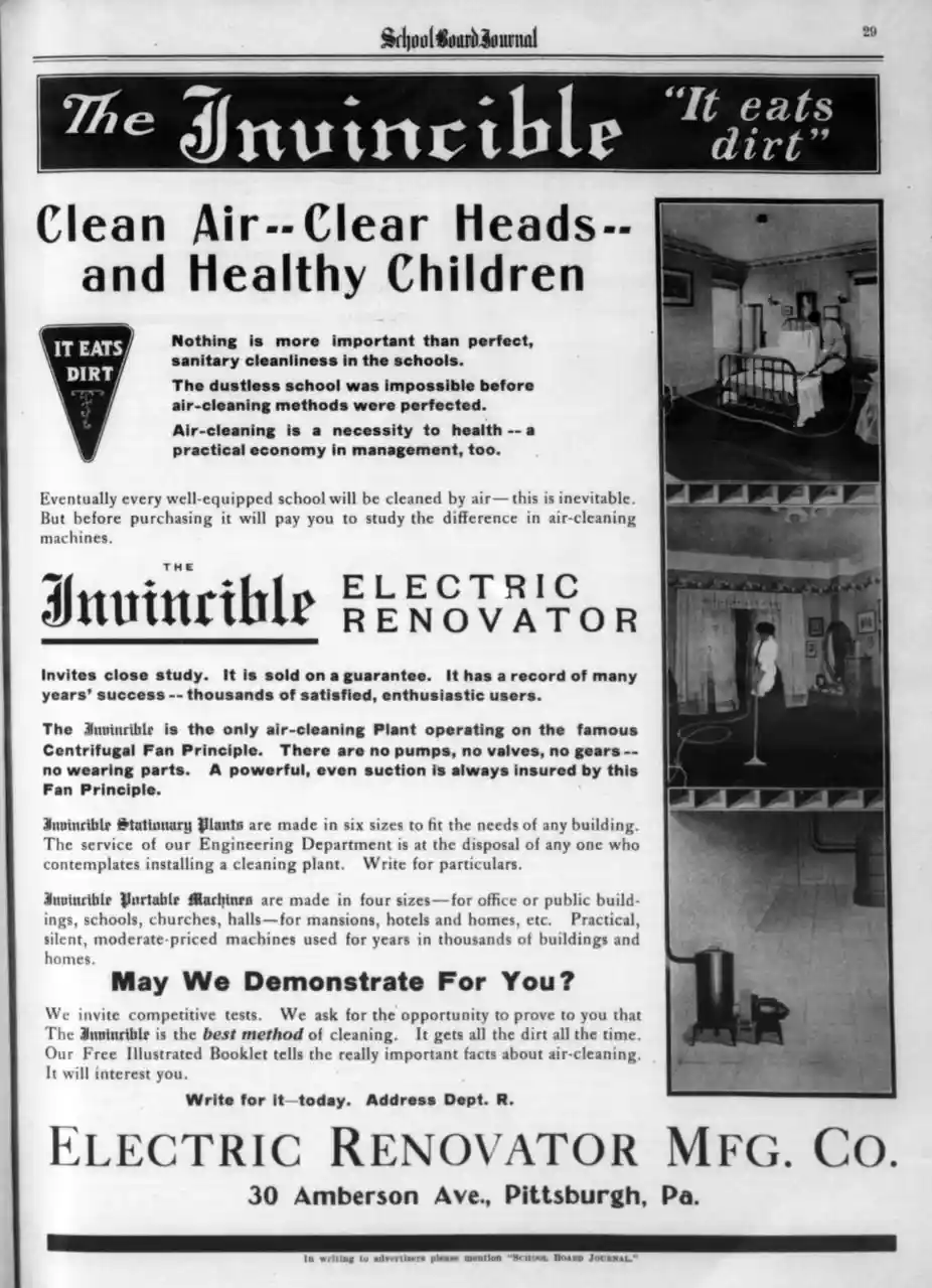 A vintage black-and-white print advertisement from the School Board Journal for 'The Invincible Electric Renovator,' a 1920s…