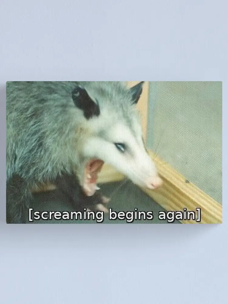 A close-up photo of an opossum with its mouth wide open, revealing teeth and tongue, as if screaming. The image has white…