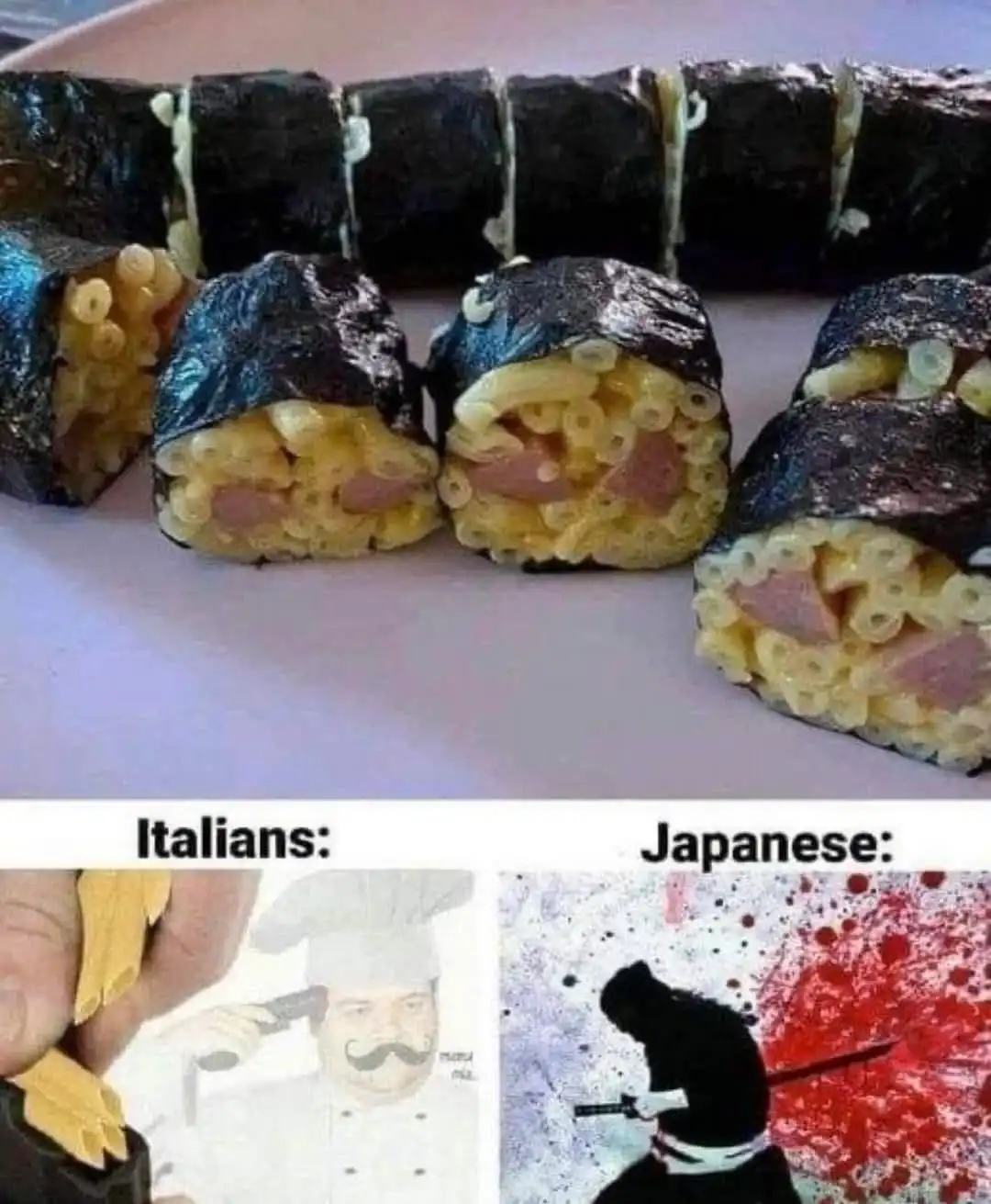 A plate of sushi rolls cut open to reveal macaroni and cheese with ham inside. Below, two panels: left labeled 'Italians:'…
