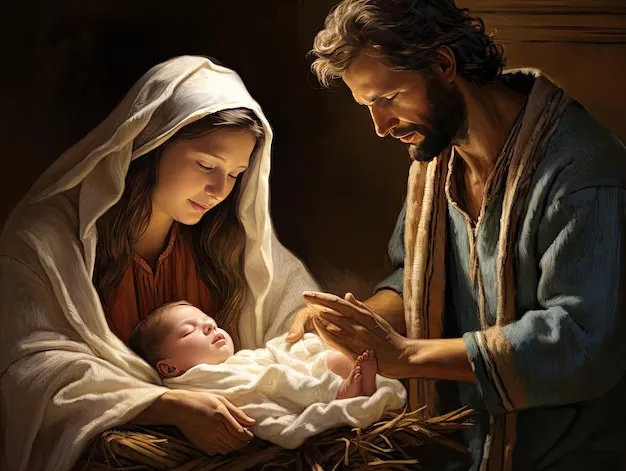 A religious painting depicts a man and woman in ancient robes holding a newborn baby wrapped in white cloth, with the man…