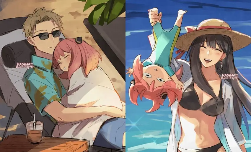 The image is split into two panels. Left: A man in sunglasses lounges on a beach chair with a woman asleep on his chest, a…