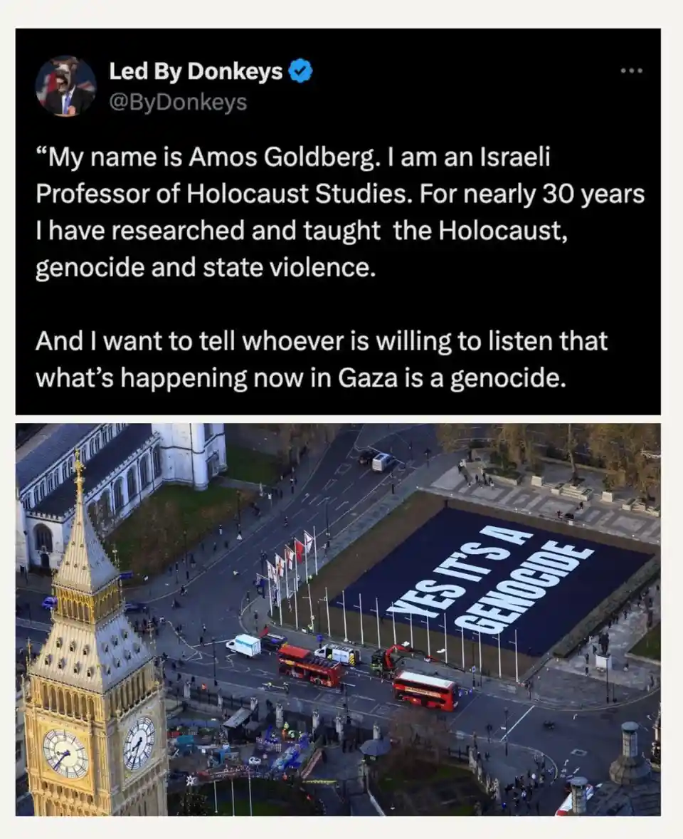 The image is a two-part meme. The top part is a screenshot of a tweet from the account 'Led By Donkeys' featuring a quote…