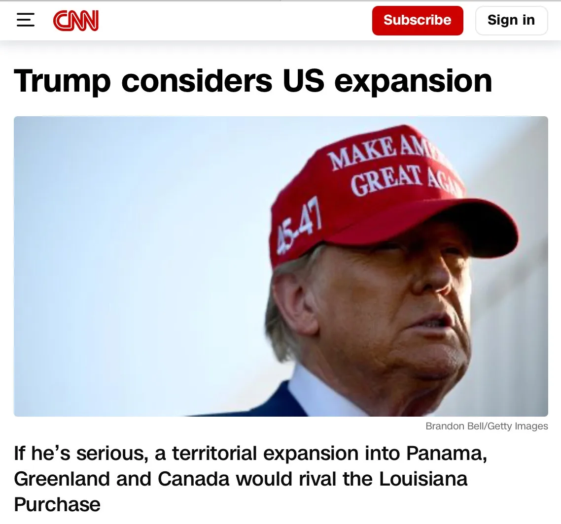 A screenshot of a CNN news article featuring Donald Trump wearing a red 'Make America Great Again' cap with '45-47' on the…