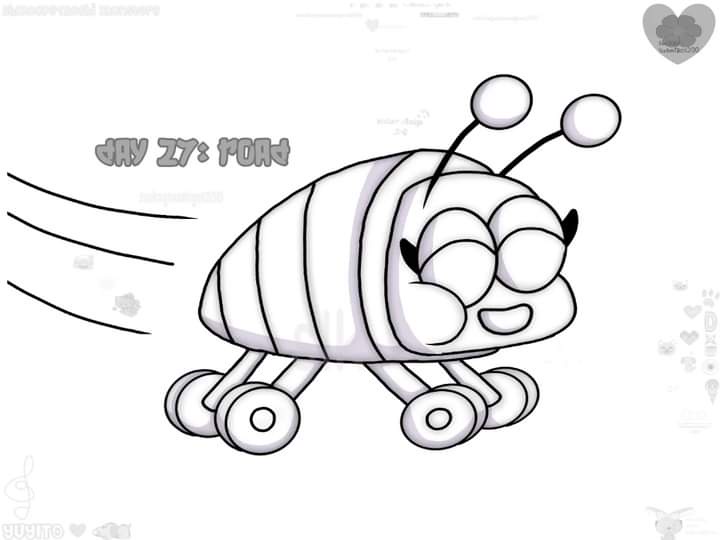 A black and white cartoon drawing of a smiling, striped insect with large eyes and antennae, depicted as if rollerblading…
