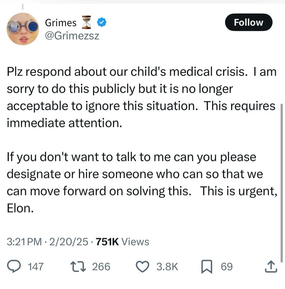 A screenshot of a tweet from Grimes (@GrimezsZ) with a verified badge, showing a plea for urgent attention regarding a…