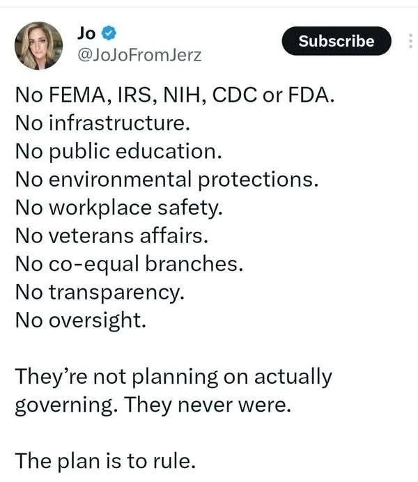 A screenshot of a Twitter post by user Jo (@JoJoFromJerz) listing numerous government institutions and systems that are…