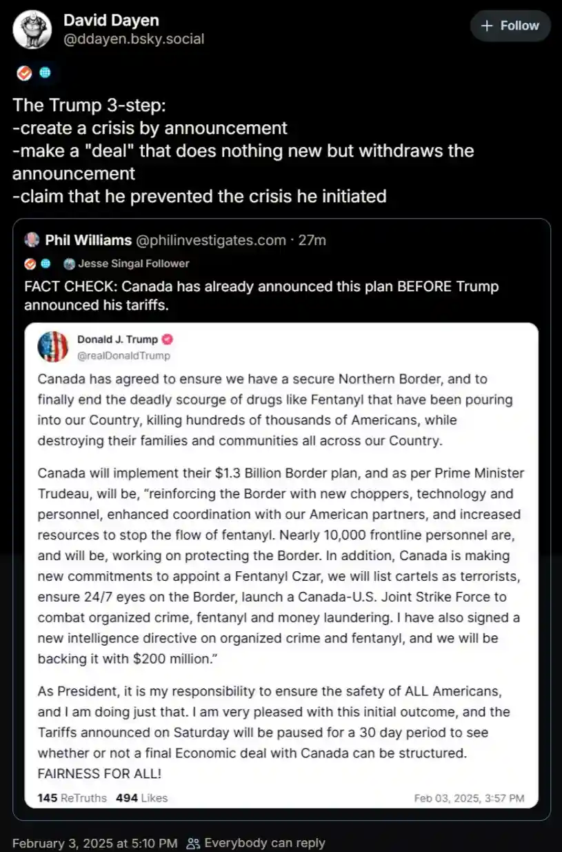 A screenshot of a social media thread shows a tweet from Donald J. Trump announcing a pause on tariffs in exchange for…