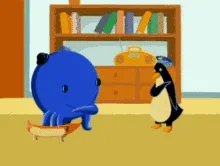 A sequence of six frames shows a blue octopus character and a penguin in a room with a bookshelf. The octopus starts with a…