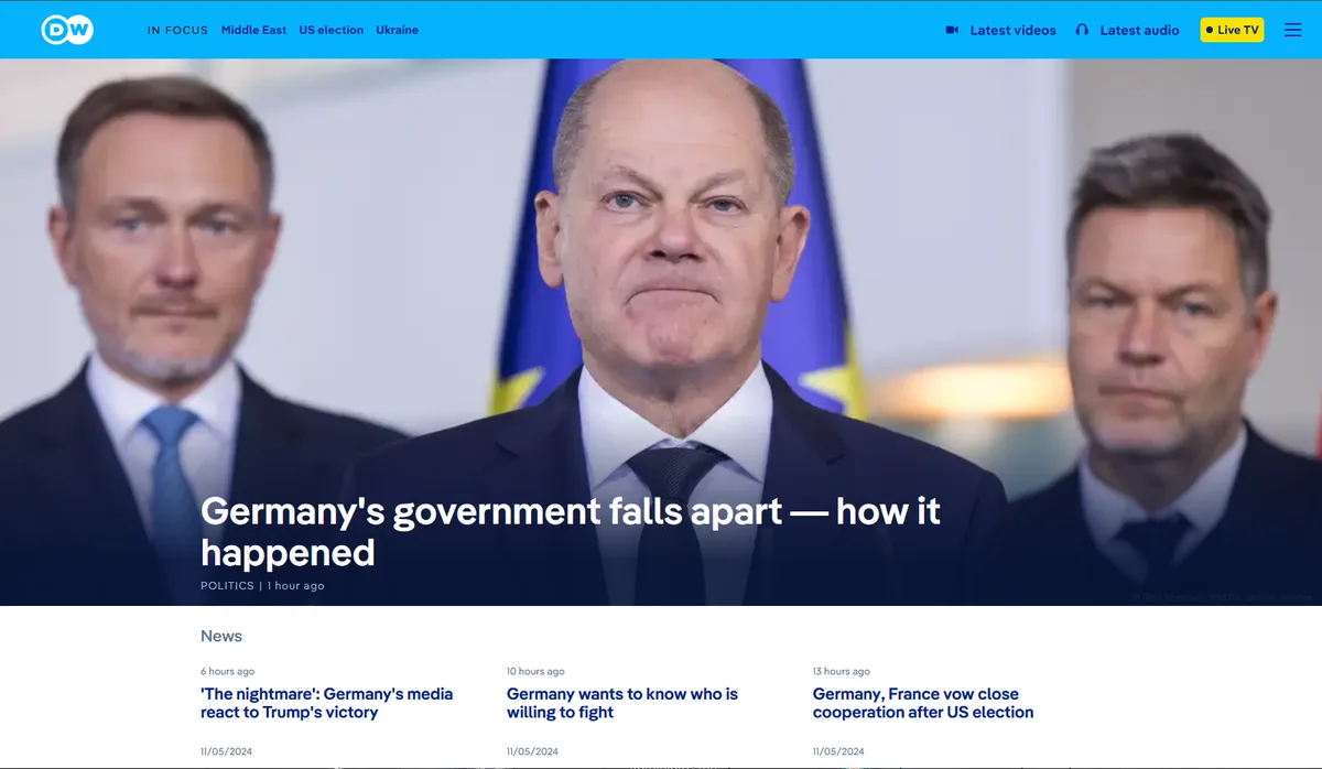 A screenshot of a Deutsche Welle news article header showing three German politicians in suits, with a European Union flag…