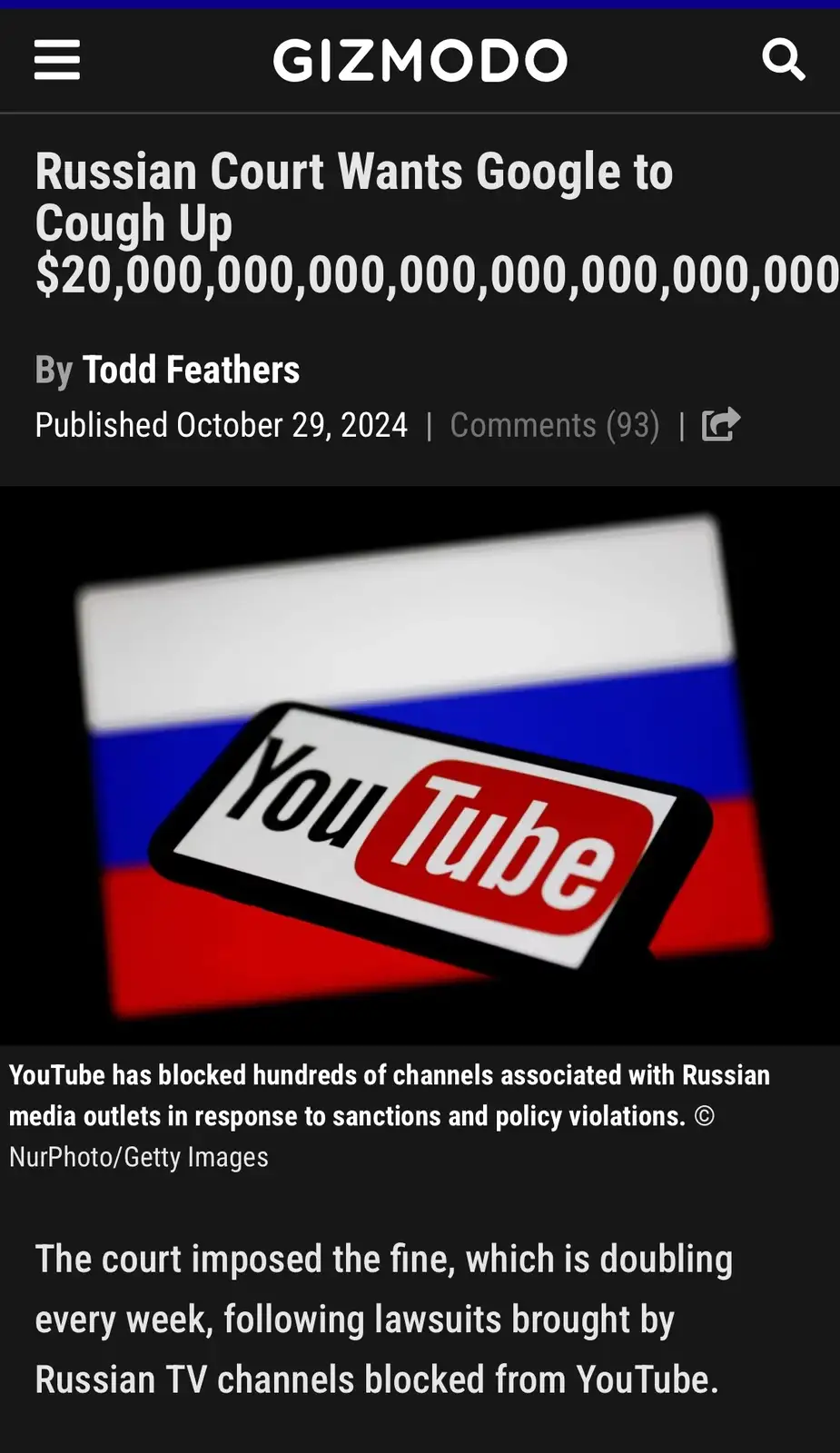 A screenshot of a Gizmodo article shows a headline where the fine amount is absurdly exaggerated to 20 quadrillion dollars…