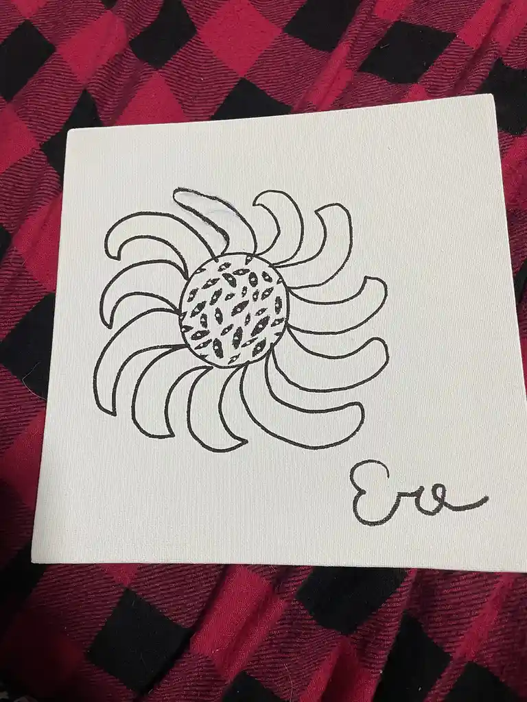 A simple black ink drawing of a stylized flower with curved petals and a dotted center is on a white canvas, signed 'Eva' in…