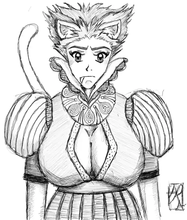 A black-and-white sketch of an anime-style character with cat ears, a tail, and a detailed ornate collar, looking slightly…
