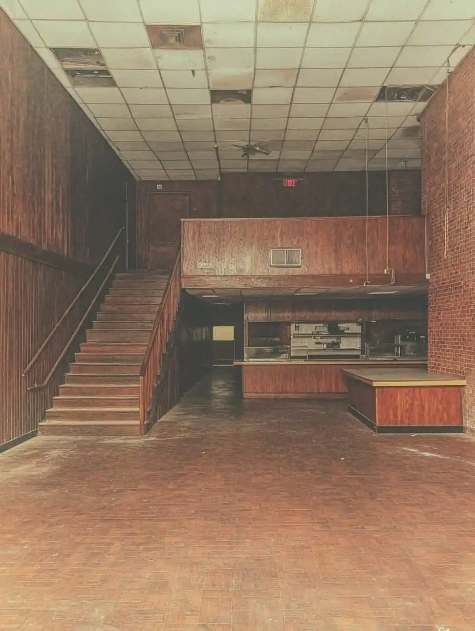 the image shows an empty, dilapidated restaurant interior with a wooden staircase on the left, a service counter on the…