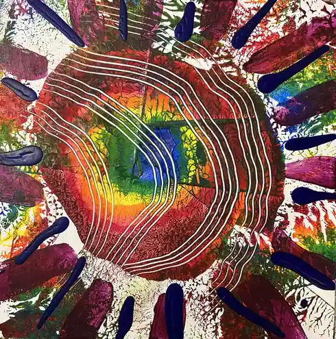 A colorful abstract painting depicts a swirling, rainbow-hued vortex with concentric white lines radiating outward…