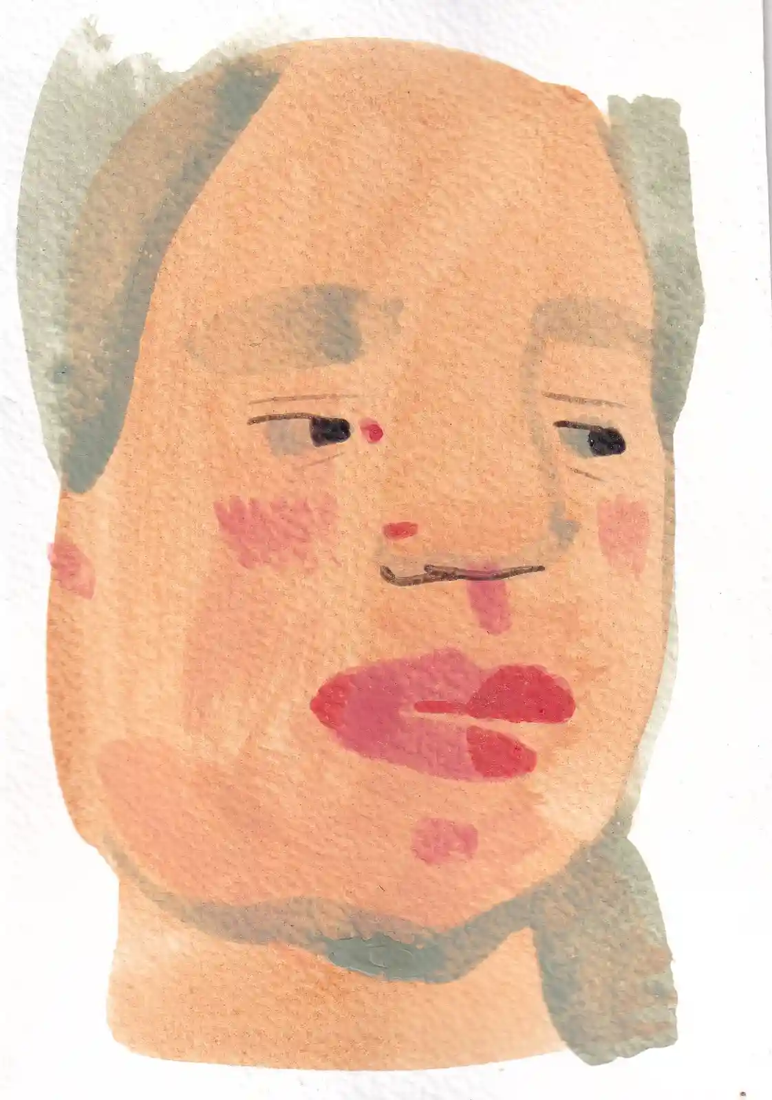 A watercolor painting of a stylized human face with peach skin, grayish hair, and red lips, showing a slightly annoyed or…