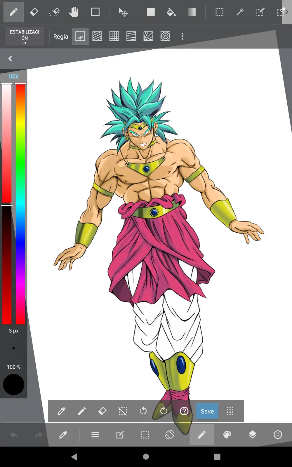 An illustration of the anime character Broly from Dragon Ball, shown in a digital drawing app interface. He has spiky blue…