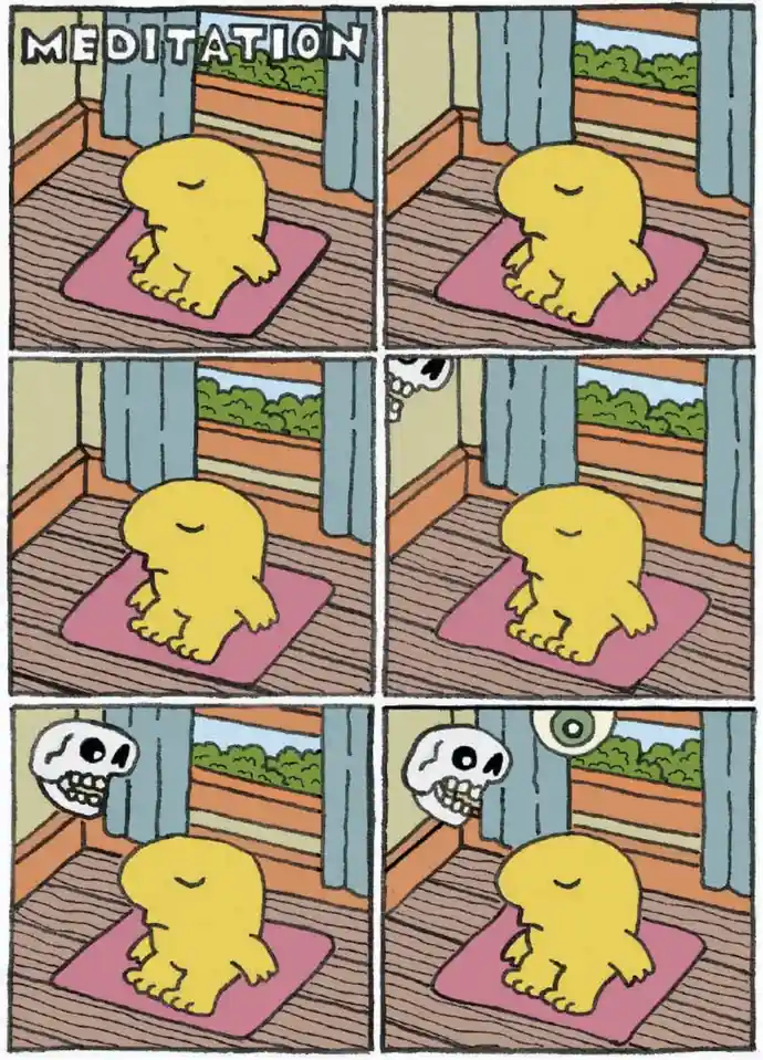 A six-panel comic strip shows a yellow, blob-like creature meditating peacefully on a pink mat in a room with wooden floors…