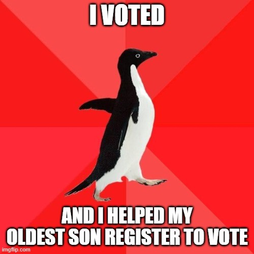 A black-and-white penguin stands upright against a red background with diagonal stripes. White bold text at the top reads 'I…