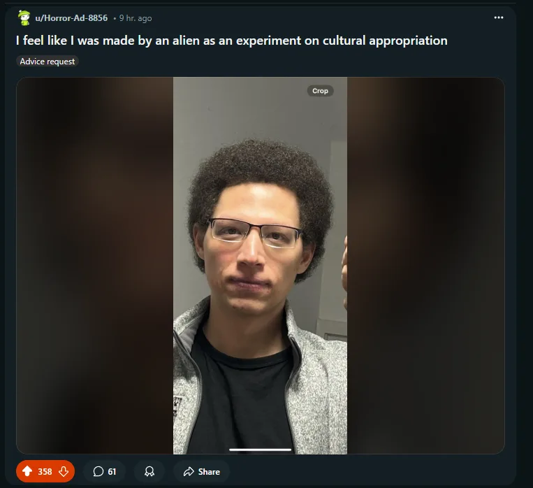 A screenshot of a Reddit post showing a mugshot-style photo of a young man with curly hair and glasses, wearing a grey…