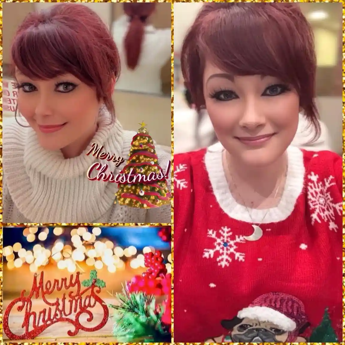 A collage of three festive images: a woman in a white turtleneck with a 'Merry Christmas!' graphic and tree overlay, the…