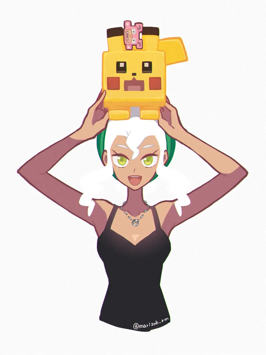 An anime-style woman with white hair and green eyes, wearing a black top, holds a blocky, pixelated Pikachu head above her…