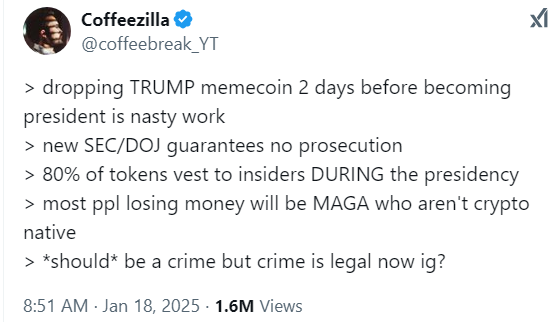 A tweet screenshot from user @coffeebreak_YT shows a list of bullet points criticizing a hypothetical Trump memecoin launch…
