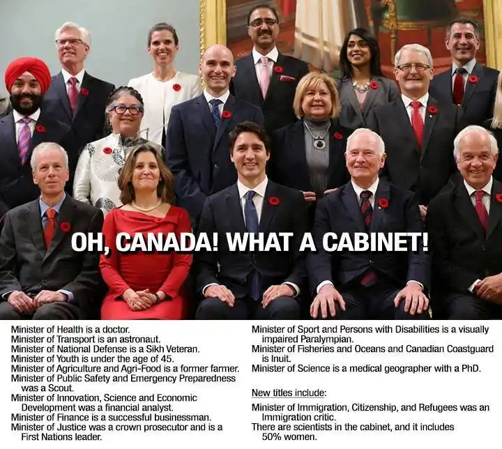 A formal group photo of Canada's federal cabinet members, all wearing suits and red poppies, with overlaid text listing…