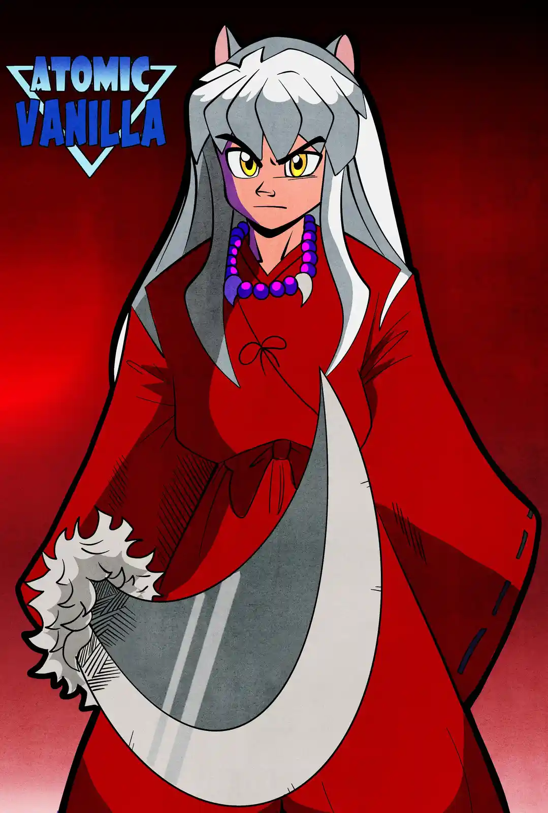 An anime-style illustration of a character with long silver hair, cat ears, and a red robe, holding a large crescent-shaped…
