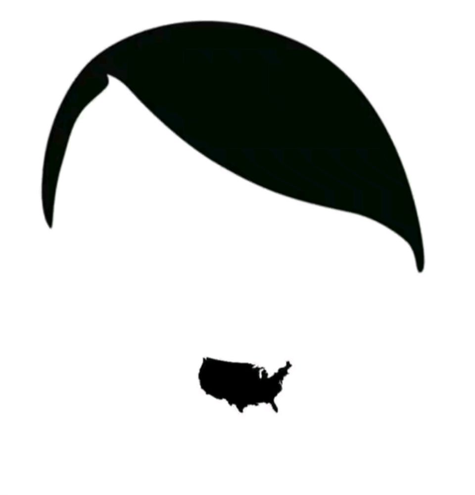 A minimalist black silhouette of a sharply combed, swooping hairstyle dominates the top half of the image, with a small…
