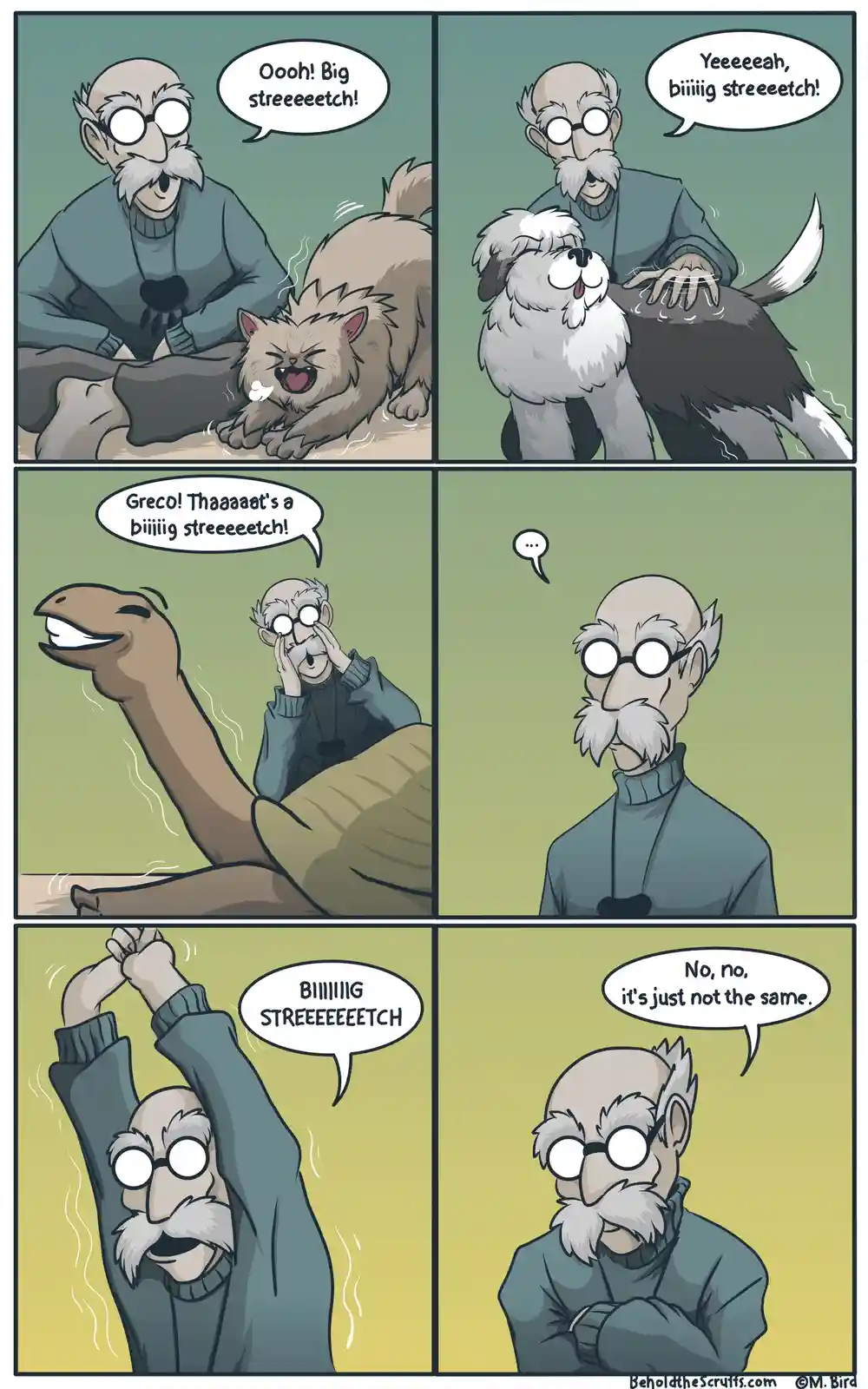 A comic strip shows an elderly man with glasses and a mustache reacting with increasing excitement to various animals…