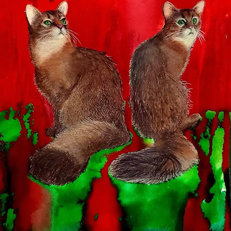 Two brown cats with green eyes sit side by side against a vibrant red background with green paint-like splatters at the…